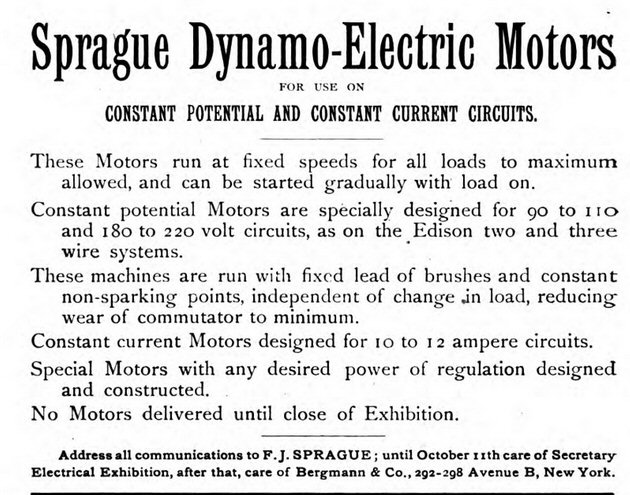 frank sprague dc motor entry in 1884 philadelphia electrical exposition catalogue