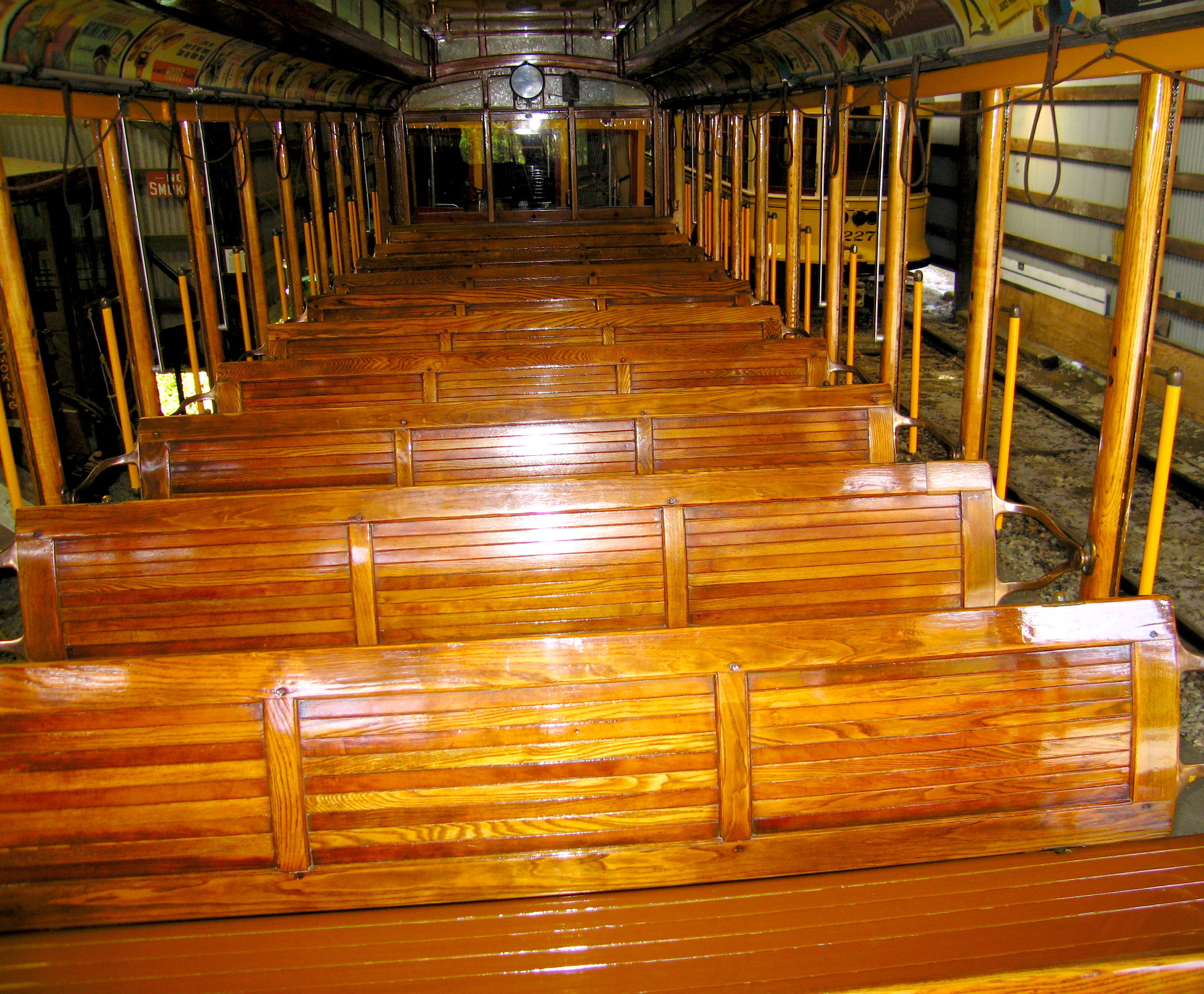 Seashore Trolley Museum, restored open car 838 interior